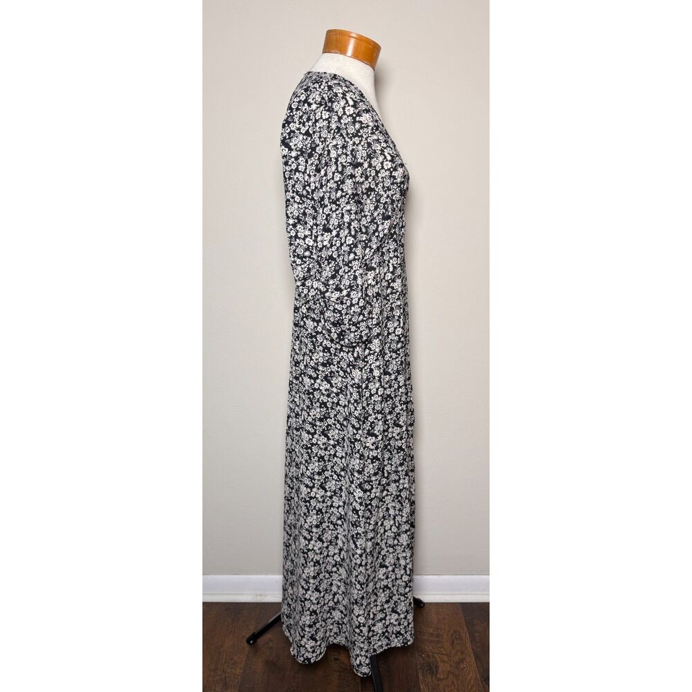 Emma Michele Floral Maxi Dress M Black White Ditsy 90s Style Sheer V-Neck Whimsy - Picture 7 of 10